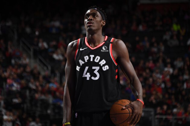 DETROIT, MI - JANUARY 31: Pascal Siakam #43 of the Toronto Raptors looks on during the game against the Detroit Pistons on January 31, 2020 at Little Caesars Arena in Detroit, Michigan. NOTE TO USER: User expressly acknowledges and agrees that, by downloading and/or using this photograph, User is consenting to the terms and conditions of the Getty Images License Agreement. Mandatory Copyright Notice: Copyright 2020 NBAE (Photo by Chris Schwegler/NBAE via Getty Images)