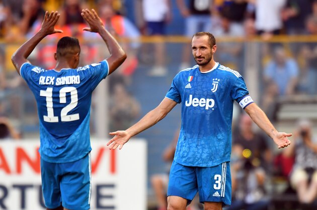 PARMA, ITALY - AUGUST 24:  Giorgio Chiellini of Juventus  celebrates after scoring the opening goal during the Serie A match between Parma Calcio and Juventus at Stadio Ennio Tardini on August 24, 2019 in Parma, Italy.  (Photo by Alessandro Sabattini/Getty Images)