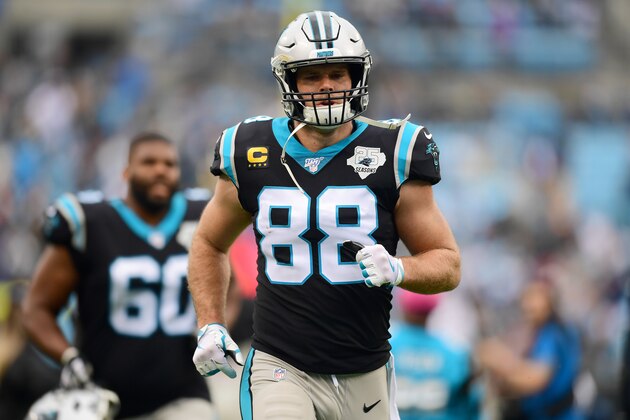 CHARLOTTE, NORTH CAROLINA - DECEMBER 29: Greg Olsen #88 of the Carolina Panthers before their game against the New Orleans Saints at Bank of America Stadium on December 29, 2019 in Charlotte, North Carolina. (Photo by Jacob Kupferman/Getty Images)