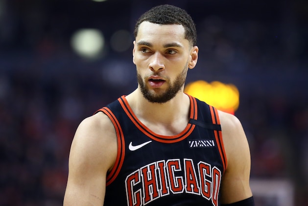 TORONTO, ON - FEBRUARY 02:  Zach LaVine #8 of the Chicago Bulls looks on during the first half of an NBA game against the Toronto Raptors at Scotiabank Arena on February 02, 2020 in Toronto, Canada.  NOTE TO USER: User expressly acknowledges and agrees that, by downloading and or using this photograph, User is consenting to the terms and conditions of the Getty Images License Agreement.  (Photo by Vaughn Ridley/Getty Images)
