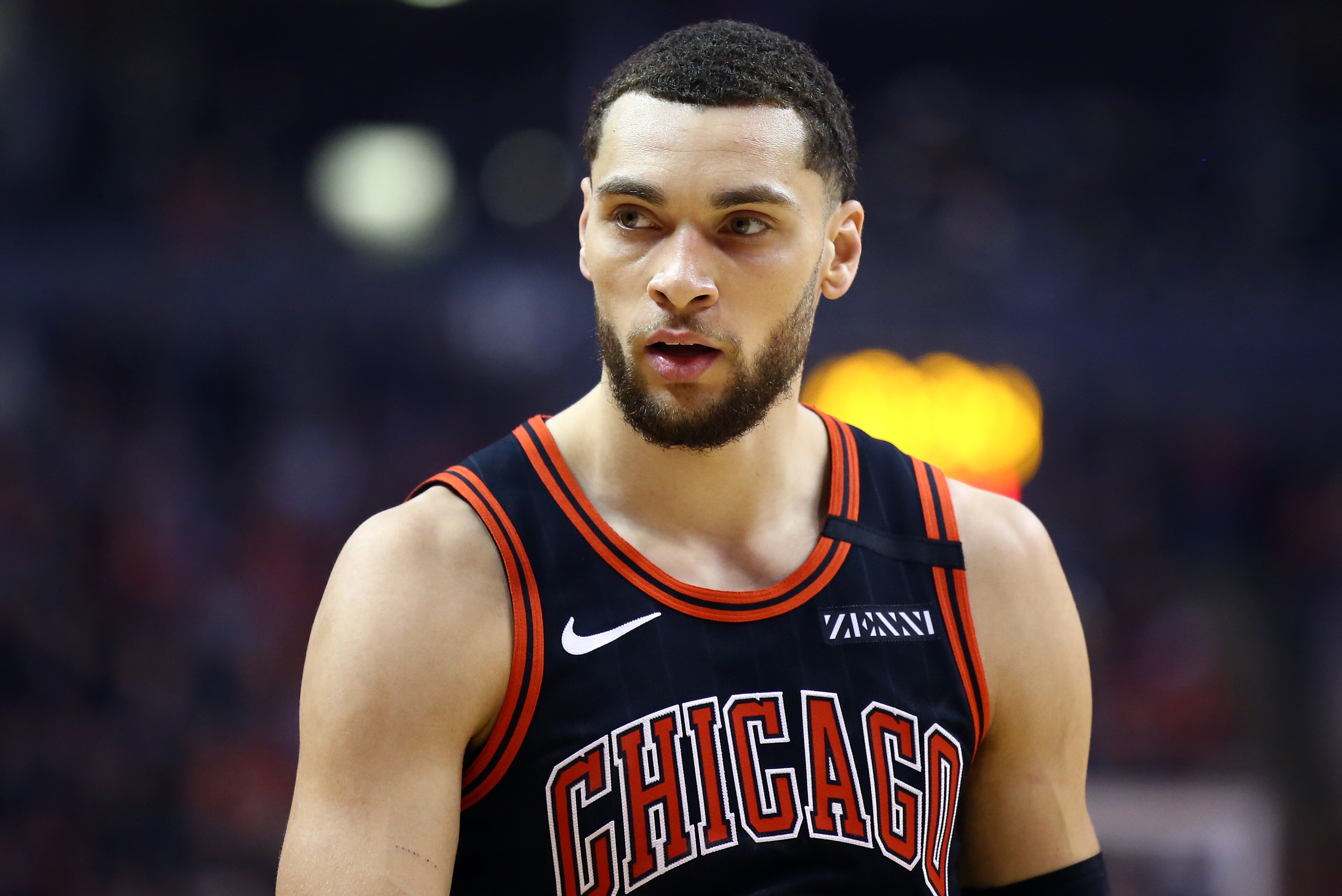 TORONTO, ON - FEBRUARY 02:  Zach LaVine #8 of the Chicago Bulls looks on during the first half of an NBA game against the Toronto Raptors at Scotiabank Arena on February 02, 2020 in Toronto, Canada.  NOTE TO USER: User expressly acknowledges and agrees that, by downloading and or using this photograph, User is consenting to the terms and conditions of the Getty Images License Agreement.  (Photo by Vaughn Ridley/Getty Images)