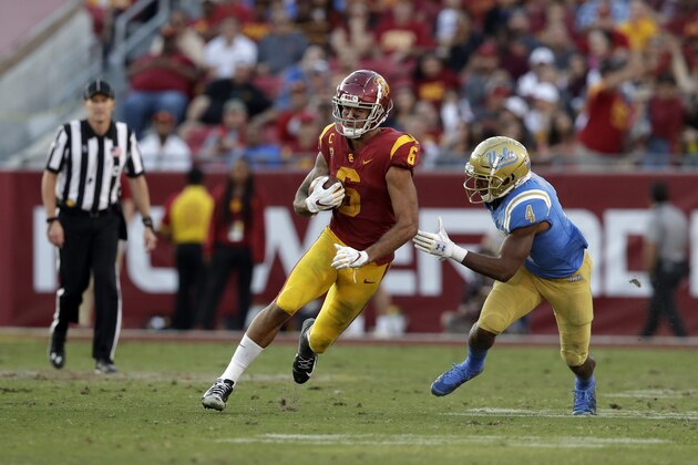 Southern California wide receiver Michael Pittman Jr. (6) runs past UCLA defensive back Stephan Blaylock (4) during the second half of an NCAA college football game Saturday, Nov. 23, 2019, in Los Angeles. (AP Photo/Marcio Jose Sanchez)