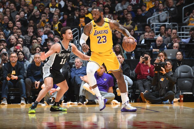 LOS ANGELES, CA - FEBRUARY 4: LeBron James #23 of the Los Angeles Lakers handles the ball against the San Antonio Spurs on February 04, 2020 at STAPLES Center in Los Angeles, California. NOTE TO USER: User expressly acknowledges and agrees that, by downloading and/or using this Photograph, user is consenting to the terms and conditions of the Getty Images License Agreement. Mandatory Copyright Notice: Copyright 2020 NBAE (Photo by Andrew D. Bernstein/NBAE via Getty Images)