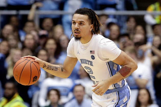North Carolina guard Cole Anthony (2) dribbles against Boston College during the first half of an NCAA college basketball game in Chapel Hill, N.C., Saturday, Feb. 1, 2020. (AP Photo/Gerry Broome)