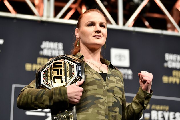 LAS VEGAS, NEVADA - DECEMBER 13:  Valentina Shevchenko poses on stage during the UFC 247 Press Conference at T-Mobile Arena on December 13, 2019 in Las Vegas, Nevada. (Photo by Chris Unger/Zuffa LLC via Getty Images)