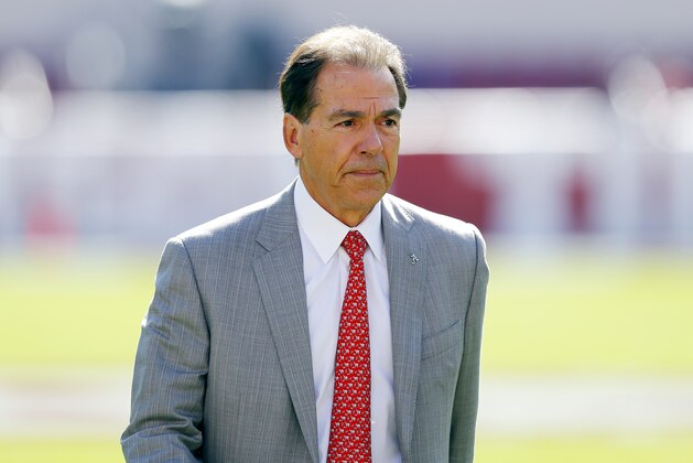 TUSCALOOSA, ALABAMA - NOVEMBER 09: Head coach Nick Saban of the Alabama Crimson Tide walks on the field prior to the game against the LSU Tigers at Bryant-Denny Stadium on November 09, 2019 in Tuscaloosa, Alabama. (Photo by Kevin C. Cox/Getty Images)