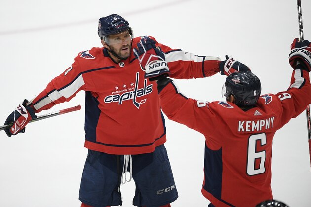 Washington Capitals left wing Alex Ovechkin (8), of Russia, celebrates his first goal of the game with defenseman Michal Kempny (6) during the third period of the team's NHL hockey game against the Los Angeles Kings, Tuesday, Feb. 4, 2020, in Washington. The Capitals won 4-2. (AP Photo/Nick Wass)