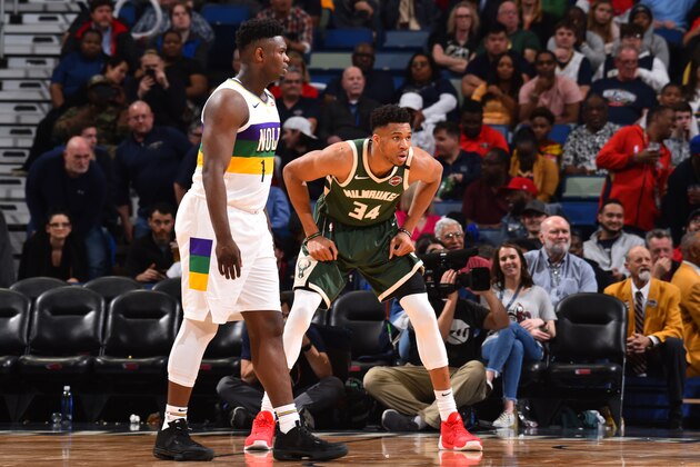 NEW ORLEANS, LA - FEBRUARY 4: Giannis Antetokounmpo #34 of the Milwaukee Bucks plays defense against Zion Williamson #1 of the New Orleans Pelicans on February 4, 2020 at the Smoothie King Center in New Orleans, Louisiana. NOTE TO USER: User expressly acknowledges and agrees that, by downloading and or using this Photograph, user is consenting to the terms and conditions of the Getty Images License Agreement. Mandatory Copyright Notice: Copyright 2020 NBAE (Photo by Jesse D. Garrabrant/NBAE via Getty Images)