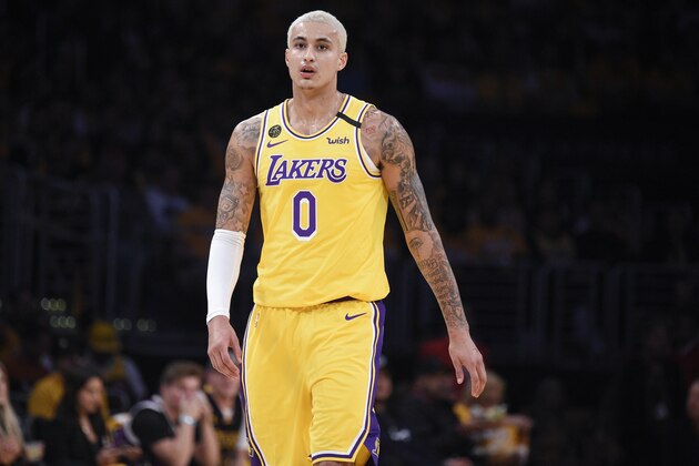 Los Angeles Lakers forward Kyle Kuzma in action during the second half of an NBA basketball game against the Portland Trail Blazers in Los Angeles, Friday, Jan. 31, 2020. (AP Photo/Kelvin Kuo)