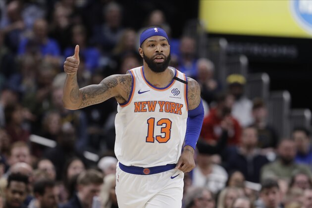 New York Knicks' Marcus Morris Sr. (13) reacts during the second half of an NBA basketball game against the Indiana Pacers, Saturday, Feb. 1, 2020, in Indianapolis. New York won 92-85. (AP Photo/Darron Cummings)