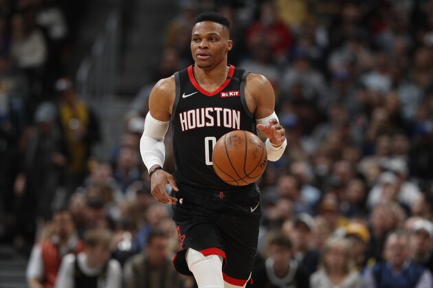 Houston Rockets guard Russell Westbrook (0) in the first half of an NBA basketball game Sunday, Jan. 26, 2020, in Denver. (AP Photo/David Zalubowski)