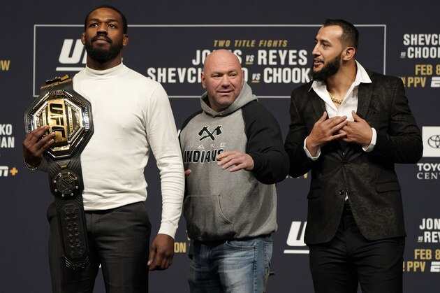 LAS VEGAS, NEVADA - DECEMBER 13:  (L-R) UFC light heavyweight champion Jon Jones and Dominick Reyes face off during the UFC 247 press conference at T-Mobile Arena on December 13, 2019 in Las Vegas, Nevada. (Photo by Jeff Bottari/Zuffa LLC)