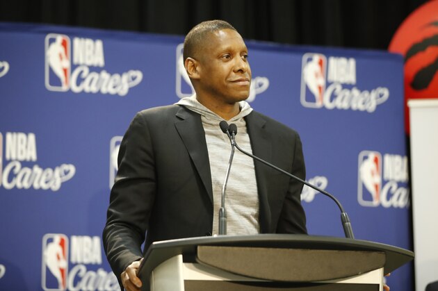 TORONTO, ON - MAY 31: Masai Ujiri, President of the Toronto Raptors at the 2019 NBA Finals Cares Legacy Project as part of the 2019 NBA Finals on May 31, 2019 at the Jimmie Simpson Recreation Centrel in Toronto, ON, Canada. NOTE TO USER: User expressly acknowledges and agrees that, by downloading and or using this photograph, User is consenting to the terms and conditions of the Getty Images License Agreement. Mandatory Copyright Notice: Copyright 2019 NBAE (Photo by Mark Blinch/NBAE via Getty Images)