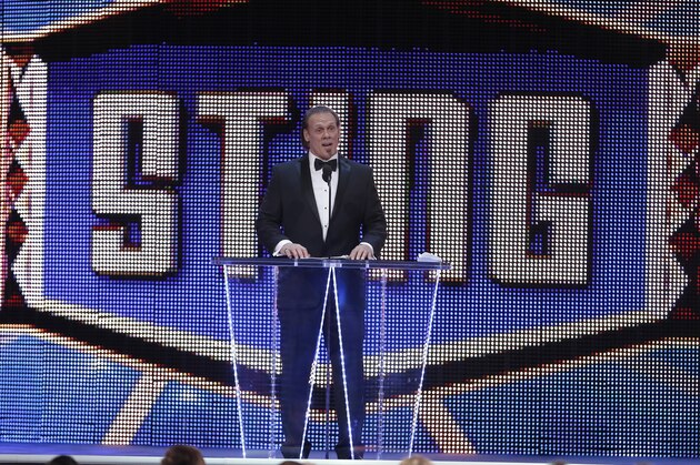 IMAGE DISTRIBUTED FOR WWE - WWE superstar Sting accepts his induction and officially announces his retirement at the 2016 WWE Hall of Fame ceremony on Saturday, April 2, 2016 in Dallas. (Brandon Wade/AP Images for WWE) IMAGE DISTRIBUTED FOR WWE - WWE superstar Sting accepts his induction and officially announces his retirement at the 2016 WWE Hall of Fame ceremony on Saturday, April 2, 2016 in Dallas. (Brandon Wade/AP Images for WWE)
