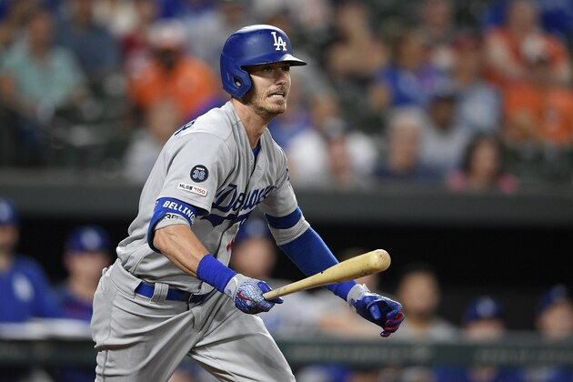 Los Angeles Dodgers' Cody Bellinger bats during a baseball game against the Baltimore Orioles, Wednesday, Sept. 11, 2019, in Baltimore. The Orioles won 7-3. (AP Photo/Nick Wass)