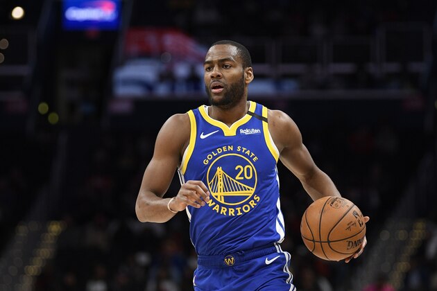 Golden State Warriors guard Alec Burks (20) dribbles the ball during the first half of an NBA basketball game against the Washington Wizards, Monday, Feb. 3, 2020, in Washington. (AP Photo/Nick Wass) Golden State Warriors guard Alec Burks (20) dribbles the ball during the first half of an NBA basketball game against the Washington Wizards, Monday, Feb. 3, 2020, in Washington. (AP Photo/Nick Wass)