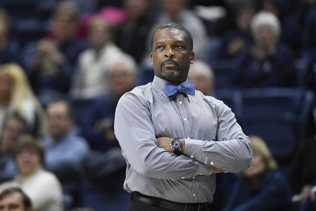 SMU head coach Travis Mays during an NCAA college basketball game, Thursday, Jan. 24, 2019, in Storrs, Conn. (AP Photo/Jessica Hill)