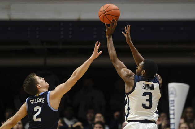 Butler guard Kamar Baldwin (3) shoots the game-winning basket over Villanova guard Collin Gillespie (2) in the second half of an NCAA college basketball game in Indianapolis, Wednesday, Feb. 5, 2020. Butler won 79-76. (AP Photo/AJ Mast) Butler guard Kamar Baldwin (3) shoots the game-winning basket over Villanova guard Collin Gillespie (2) in the second half of an NCAA college basketball game in Indianapolis, Wednesday, Feb. 5, 2020. Butler won 79-76. (AP Photo/AJ Mast)