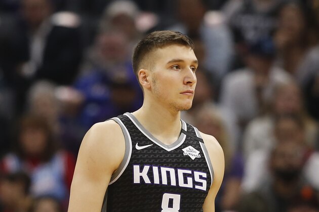 Sacramento Kings guard Bogdan Bogdanovic during the first quarter of an NBA basketball game against the Los Angeles Lakers in Sacramento, Calif., Saturday, Feb. 1, 2020. The Lakers won 129-113. (AP Photo/Rich Pedroncelli)