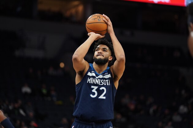 MINNEAPOLIS, MN -  FEBRUARY 5:  Karl-Anthony Towns #32 of the Minnesota Timberwolves shoots a free throw against the Atlanta Hawks on February 5, 2020 at Target Center in Minneapolis, Minnesota. NOTE TO USER: User expressly acknowledges and agrees that, by downloading and or using this Photograph, user is consenting to the terms and conditions of the Getty Images License Agreement. Mandatory Copyright Notice: Copyright 2020 NBAE (Photo by Jordan Johnson/NBAE via Getty Images)