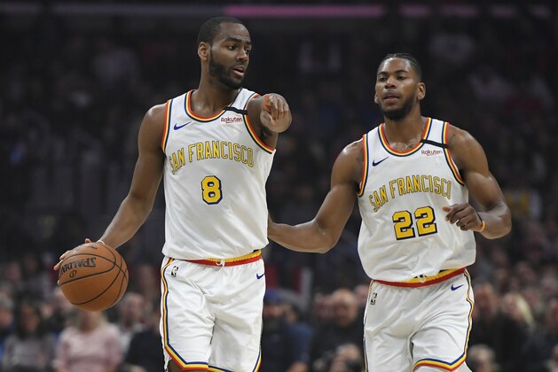 LOS ANGELES, CA - JANUARY 10: Alec Burks #8 and Glenn Robinson III #22 of the Golden State Warriors seen playing the LA Clippers at Staples Center on January 10, 2020 in Los Angeles, California. NOTE TO USER: User expressly acknowledges and agrees that, by downloading and/or using this photograph, user is consenting to the terms and conditions of the Getty Images License Agreement. (Photo by John McCoy/Getty Images)