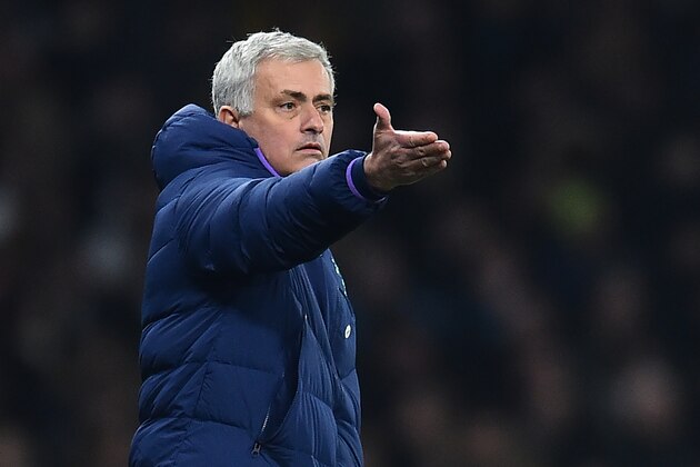 Tottenham Hotspur's Portuguese head coach Jose Mourinho reacts during the English FA Cup fourth round replay football match between Tottenham Hotspur and Southampton at Tottenham Hotspur Stadium in London, on February 5, 2020. (Photo by Glyn KIRK / AFP) / RESTRICTED TO EDITORIAL USE. No use with unauthorized audio, video, data, fixture lists, club/league logos or 'live' services. Online in-match use limited to 120 images. An additional 40 images may be used in extra time. No video emulation. Social media in-match use limited to 120 images. An additional 40 images may be used in extra time. No use in betting publications, games or single club/league/player publications. /  (Photo by GLYN KIRK/AFP via Getty Images)