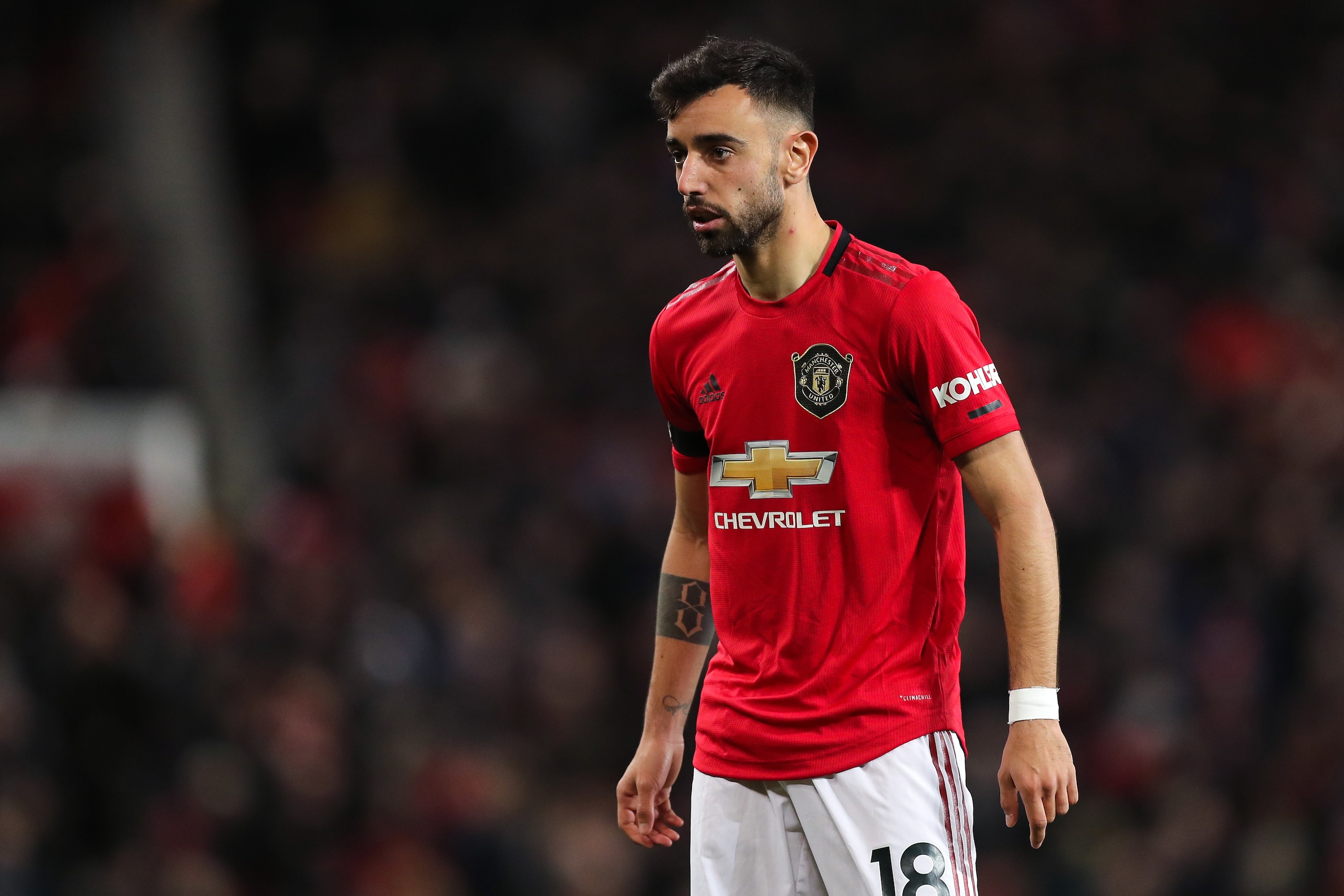 MANCHESTER, ENGLAND - FEBRUARY 01: Bruno Fernandes of Manchester United during the Premier League match between Manchester United and Wolverhampton Wanderers at Old Trafford on February 1, 2020 in Manchester, United Kingdom. (Photo by Matthew Ashton- AMA/Getty Images)