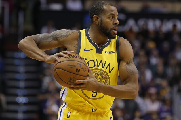 Golden State Warriors guard Andre Iguodala (9) in the first half during an NBA basketball game against the Phoenix Suns, Monday, Dec. 31, 2018, in Phoenix. (AP Photo/Rick Scuteri)