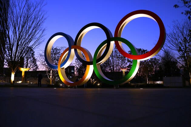 TOKYO, JAPAN - JANUARY 21: The Olympic rings are seen outside the  New National Stadium in Tokyo on January 21, 2020 in Tokyo, Japan. (Photo by Clive Rose/Getty Images)