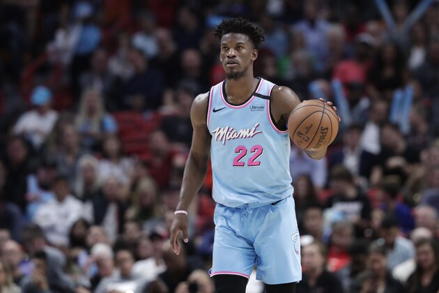 Miami Heat forward Jimmy Butler (22) in action during the second half of an NBA basketball game against the Philadelphia 76ers, Monday, Feb. 3, 2020, in Miami. The Heat won 137-106. (AP Photo/Lynne Sladky)