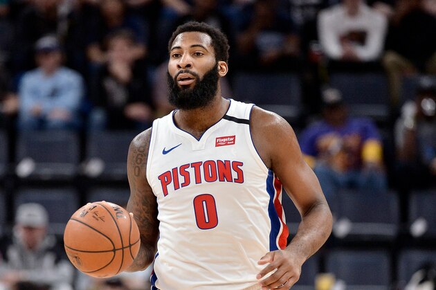 Detroit Pistons center Andre Drummond (0) plays in the first half of an NBA basketball game against the Memphis Grizzlies Monday, Feb. 3, 2020, in Memphis, Tenn. (AP Photo/Brandon Dill)