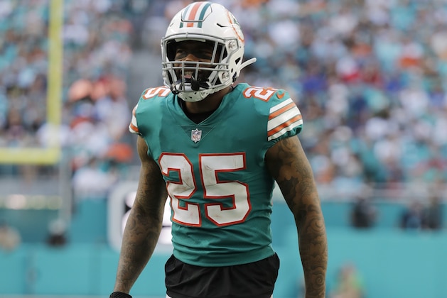 Miami Dolphins cornerback Xavien Howard (25) stands on the field, during the second half of an NFL football game against the Buffalo Bills, Sunday, Dec. 2, 2018, in Miami Gardens, Fla. (AP Photo/Lynne Sladky)