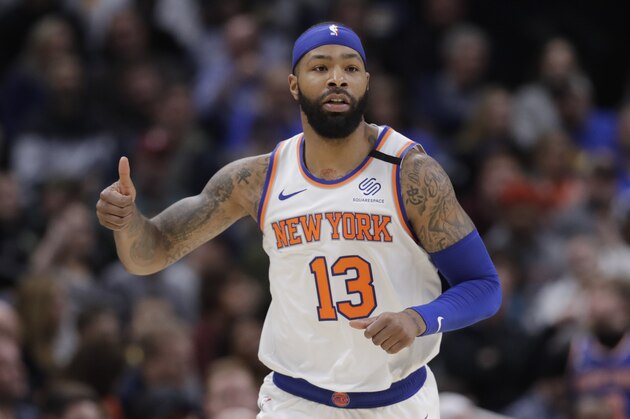 New York Knicks' Marcus Morris Sr. reacts during the second half of the team's NBA basketball game against the Indiana Pacers, Saturday, Feb. 1, 2020, in Indianapolis. New York won 92-85. (AP Photo/Darron Cummings)