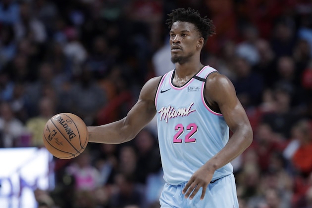 Miami Heat forward Jimmy Butler (22) in action during the second half of an NBA basketball game against the Philadelphia 76ers, Monday, Feb. 3, 2020, in Miami. The Heat won 137-106. (AP Photo/Lynne Sladky)