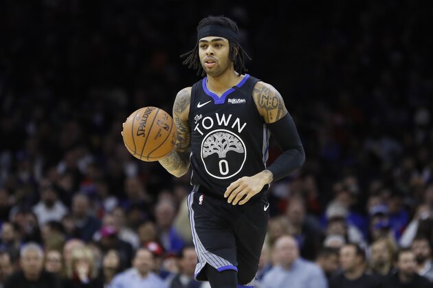 Golden State Warriors' D'Angelo Russell plays during an NBA basketball game against the Philadelphia 76ers, Tuesday, Jan. 28, 2020, in Philadelphia. (AP Photo/Matt Slocum)