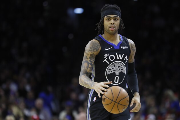 Golden State Warriors' D'Angelo Russell plays during an NBA basketball game against the Philadelphia 76ers, Tuesday, Jan. 28, 2020, in Philadelphia. (AP Photo/Matt Slocum)