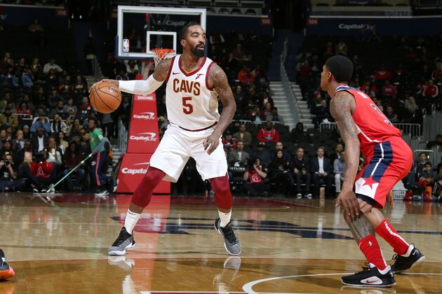 WASHINGTON, DC - NOVEMBER 14: Cleveland Cavaliers guard JR Smith #5 handles the ball against the Washington Wizards on November 14, 2018 at Capital One Arena in Washington, DC. NOTE TO USER: User expressly acknowledges and agrees that, by downloading and or using this Photograph, user is consenting to the terms and conditions of the Getty Images License Agreement. Mandatory Copyright Notice: Copyright 2018 NBAE (Photo by Stephen Gosling/NBAE via Getty Images)