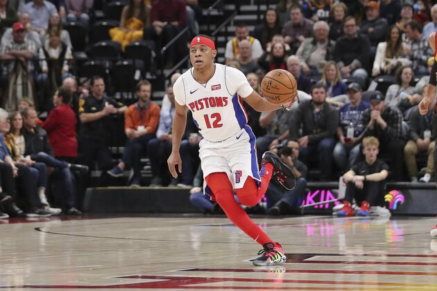 Detroit Pistons guard Tim Frazier (12) brings the ball up the court during the first quarter against the Utah Jazz of an NBA basketball game, Monday, Dec. 30, 2019, in Salt Lake City. (AP Photo/Chris Nicoll)