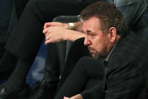 NEW YORK, NY - MARCH 28:  New York Knicks owner James Dolan reacts as he watches an NBA basketball game against the Toronto Raptors from his front row seat on March 28, 2019 at Madison Square Garden Center in New York City. Raptors won 117-92. NOTE TO USER: User expressly acknowledges and agrees that, by downloading and/or using this Photograph, user is consenting to the terms and conditions of the Getty License agreement. Mandatory Copyright Notice (Photo by Paul Bereswill/Getty Images)