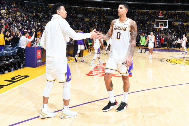 LOS ANGELES, CA - DECEMBER 8: Danny Green #14 and Kyle Kuzma #0 of the Los Angeles Lakers shake hands after the game against the Minnesota Timberwolves on December 8, 2019 at STAPLES Center in Los Angeles, California. NOTE TO USER: User expressly acknowledges and agrees that, by downloading and/or using this Photograph, user is consenting to the terms and conditions of the Getty Images License Agreement. Mandatory Copyright Notice: Copyright 2019 NBAE (Photo by Adam Pantozzi/NBAE via Getty Images)