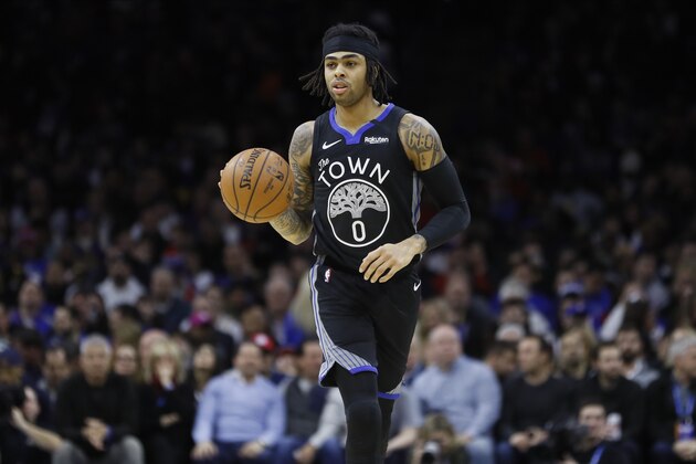 Golden State Warriors' D'Angelo Russell plays during an NBA basketball game against the Philadelphia 76ers, Tuesday, Jan. 28, 2020, in Philadelphia. (AP Photo/Matt Slocum)