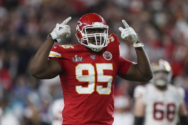 Kansas City Chiefs defensive end Chris Jones (95) reacts after a play during the second half of the NFL Super Bowl 54 football game between the San Francisco 49ers and Kansas City Chiefs Sunday, Feb. 2, 2020, in Miami Gardens, Fla. The Kansas City Chiefs won 31-20. (AP Photo/Steve Luciano)