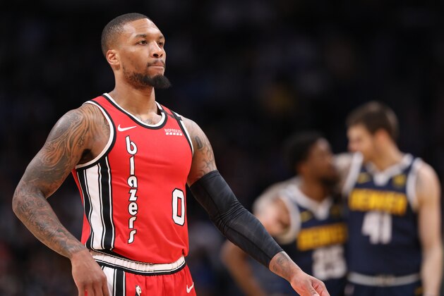 DENVER, CO - FEBRUARY 04: Damian Lillard #0 of the Portland Trail Blazers takes on the Denver Nuggets at Pepsi Center on February 4, 2020 in Denver, Colorado. NOTE TO USER: User expressly acknowledges and agrees that, by downloading and/or using this photograph, user is consenting to the terms and conditions of the Getty Images License Agreement (Photo by Justin Tafoya/Getty Images)