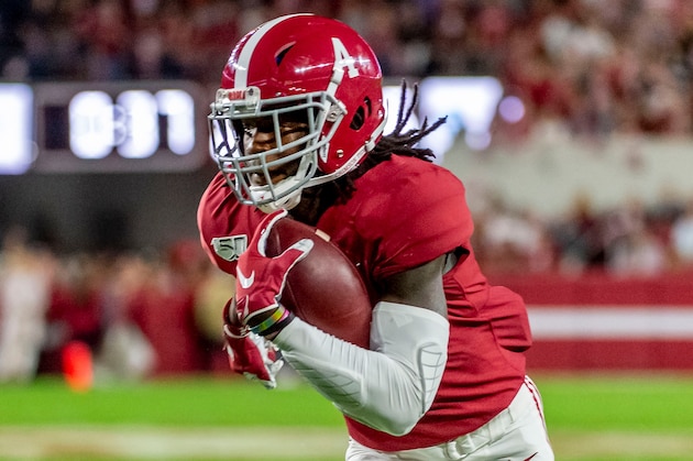 Alabama wide receiver Jerry Jeudy (4) during the first half of an NCAA college football game against Arkansas, Saturday, Oct. 26, 2019, in Tuscaloosa, Ala. (AP Photo/Vasha Hunt)