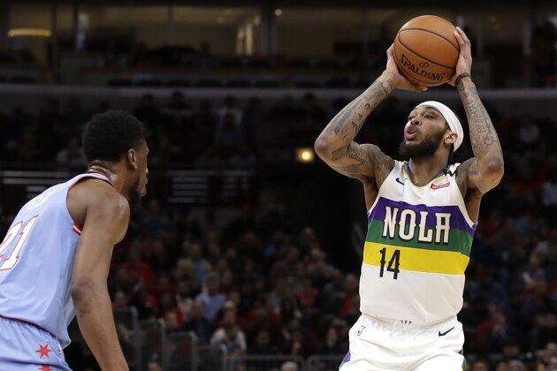 New Orleans Pelicans forward Brandon Ingram shoots against Chicago Bulls forward Thaddeus Young during the first half of an NBA basketball game in Chicago, Thursday, Feb. 6, 2020. (AP Photo/Nam Y. Huh)