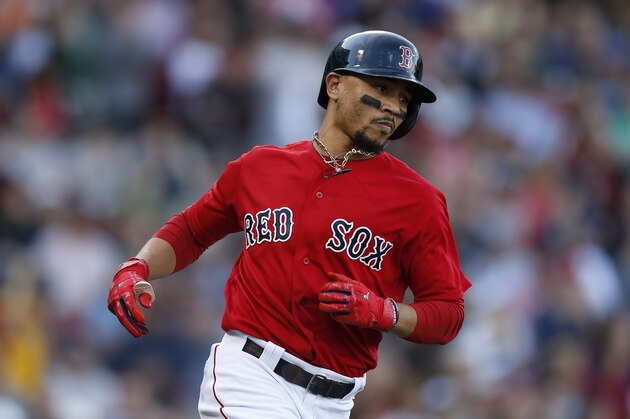 Boston Red Sox's Mookie Betts plays against the Baltimore Orioles during the third inning of a baseball game in Boston, Sunday, Sept. 29, 2019. (AP Photo/Michael Dwyer)