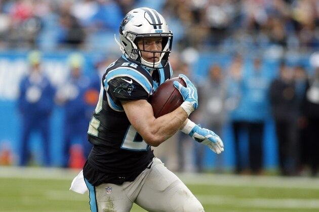 Carolina Panthers running back Christian McCaffrey (22) runs against the New Orleans Saints during the first half of an NFL football game in Charlotte, N.C., Sunday, Dec. 29, 2019. (AP Photo/Brian Blanco)