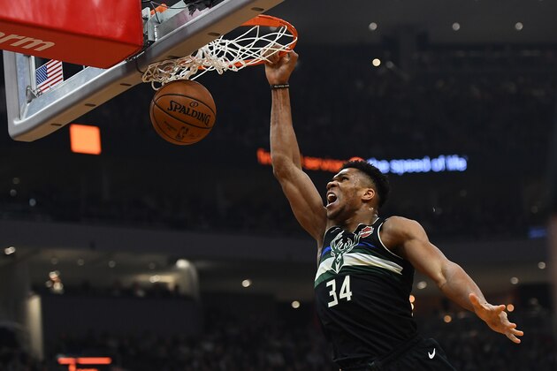 MILWAUKEE, WISCONSIN - FEBRUARY 06: Giannis Antetokounmpo #34 of the Milwaukee Bucks dunks against the Philadelphia 76ers during the first half of a game at Fiserv Forum on February 06, 2020 in Milwaukee, Wisconsin. NOTE TO USER: User expressly acknowledges and agrees that, by downloading and or using this photograph, User is consenting to the terms and conditions of the Getty Images License Agreement. (Photo by Stacy Revere/Getty Images) MILWAUKEE, WISCONSIN - FEBRUARY 06: Giannis Antetokounmpo #34 of the Milwaukee Bucks dunks against the Philadelphia 76ers during the first half of a game at Fiserv Forum on February 06, 2020 in Milwaukee, Wisconsin. NOTE TO USER: User expressly acknowledges and agrees that, by downloading and or using this photograph, User is consenting to the terms and conditions of the Getty Images License Agreement. (Photo by Stacy Revere/Getty Images)
