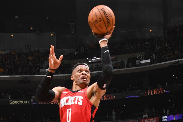 LOS ANGELES, CA - FEBRUARY 6: Russell Westbrook #0 of the Houston Rockets shoots the ball against the Los Angeles Lakers on February 6, 2020 at STAPLES Center in Los Angeles, California. NOTE TO USER: User expressly acknowledges and agrees that, by downloading and/or using this Photograph, user is consenting to the terms and conditions of the Getty Images License Agreement. Mandatory Copyright Notice: Copyright 2020 NBAE (Photo by Andrew D. Bernstein/NBAE via Getty Images)