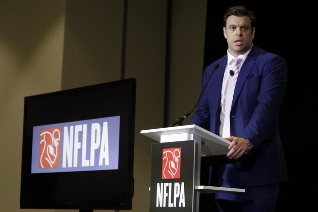 Eric Winston, president of the NFL Players Association, speaks at the annual state of the NFLPA press conference, Thursday, Jan. 30, 2020, in Miami Beach, Fla. The San Francisco 49ers will face the Kansas City Chiefs in the NFL Super Bowl 54 football game Sunday. (AP Photo/Chris Carlson) Eric Winston, president of the NFL Players Association, speaks at the annual state of the NFLPA press conference, Thursday, Jan. 30, 2020, in Miami Beach, Fla. The San Francisco 49ers will face the Kansas City Chiefs in the NFL Super Bowl 54 football game Sunday. (AP Photo/Chris Carlson)